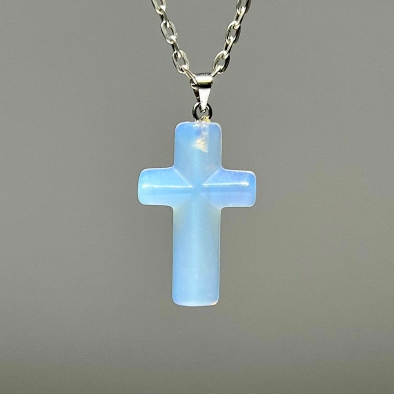 Opalite Crucifix Pendant Necklace, Opalite Cross Crystal Pendant with a Free Chain image 1