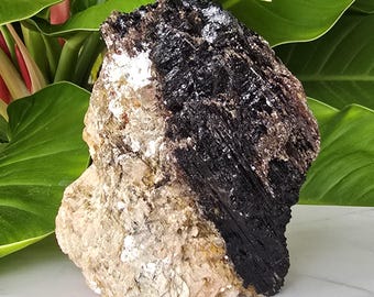 Large Black Tourmaline in Matrix with Quartz & Mica – 2.15 lbs Specimen on Cut Base