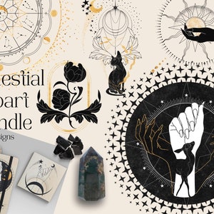 Puede incluir: Un conjunto de 25 dise&ntilde;os de clipart celestial con ilustraciones en blanco y negro de manos, estrellas, lunas y otros elementos celestiales. Los dise&ntilde;os son perfectos para agregar un toque de magia a tus proyectos.