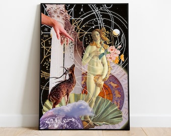Mystic celestial collage art, surrealistic print