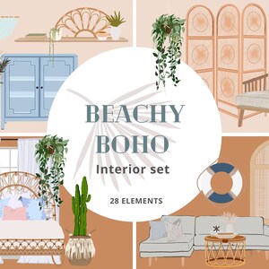 Beachy Boho Interior png Set, Boho home png, Boho Moodboard e Scene maker, Boho Branding