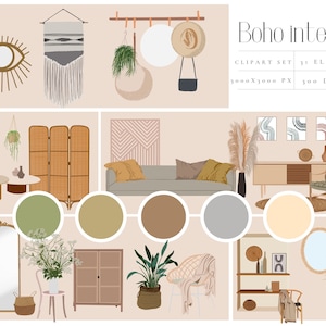 Set interno Boho, creatore di moodboard Boho, creatore di scene Boho, pacchetto clipart arredamento Boho, creatore di branding