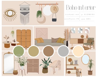 Boho interior set, Boho moodboard creator, Boho scene creator, Boho decor clipart bundle, branding maker