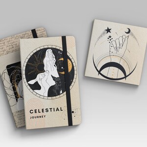 Puede incluir: Dos cuadernos con dise&ntilde;os celestiales. El cuaderno m&aacute;s grande tiene un dise&ntilde;o negro y dorado con una mujer y un gato. El cuaderno m&aacute;s peque&ntilde;o tiene un dise&ntilde;o negro y dorado con una mano que alcanza una estrella. Ambos cuadernos tienen el texto "Celestial Journey" en la portada.