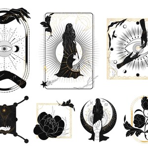 Puede incluir: Un conjunto de seis ilustraciones en negro y dorado con motivos celestiales y florales. Las ilustraciones incluyen una mujer de pie en una luna creciente, una mano que alcanza un ojo, una flor y una mano que sostiene una estrella.