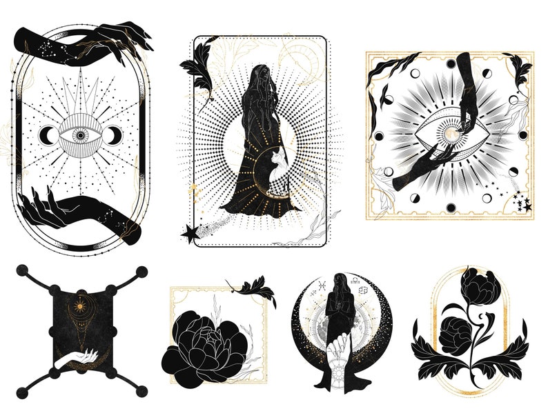 Puede incluir: Un conjunto de seis ilustraciones en negro y dorado con motivos celestiales y florales. Las ilustraciones incluyen una mujer de pie en una luna creciente, una mano que alcanza un ojo, una flor y una mano que sostiene una estrella.