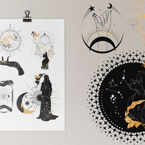 Puede incluir: Un conjunto de ilustraciones en negro y dorado con temas celestiales y m&iacute;sticos. Las ilustraciones incluyen una luna creciente, estrellas, un gato, una mano y una mujer con una t&uacute;nica fluida. Las ilustraciones son perfectas para agregar un toque de magia a tus dise&ntilde;os.