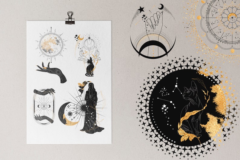 Puede incluir: Un conjunto de ilustraciones en negro y dorado con temas celestiales y m&iacute;sticos. Las ilustraciones incluyen una luna creciente, estrellas, un gato, una mano y una mujer con una t&uacute;nica fluida. Las ilustraciones son perfectas para agregar un toque de magia a tus dise&ntilde;os.