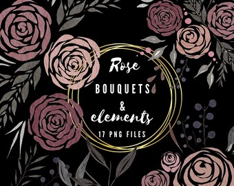Watercolor rose bouquets and greenery png clipart bundle, commercial use