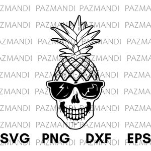 May include: Black and white line art illustration of a skull wearing sunglasses and a pineapple on top of its head. The skull is smiling with its teeth showing. The pineapple has a detailed design with leaves on top. The text "SVG PNG DXF EPS" is below the skull.