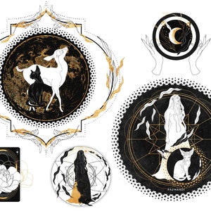Puede incluir: Un conjunto de cinco ilustraciones en negro y dorado que representan un ciervo y un gato, una mujer con el pelo largo, una luna creciente y una flor. Las ilustraciones son de estilo minimalista con formas geom&eacute;tricas y una paleta de colores en blanco y negro.