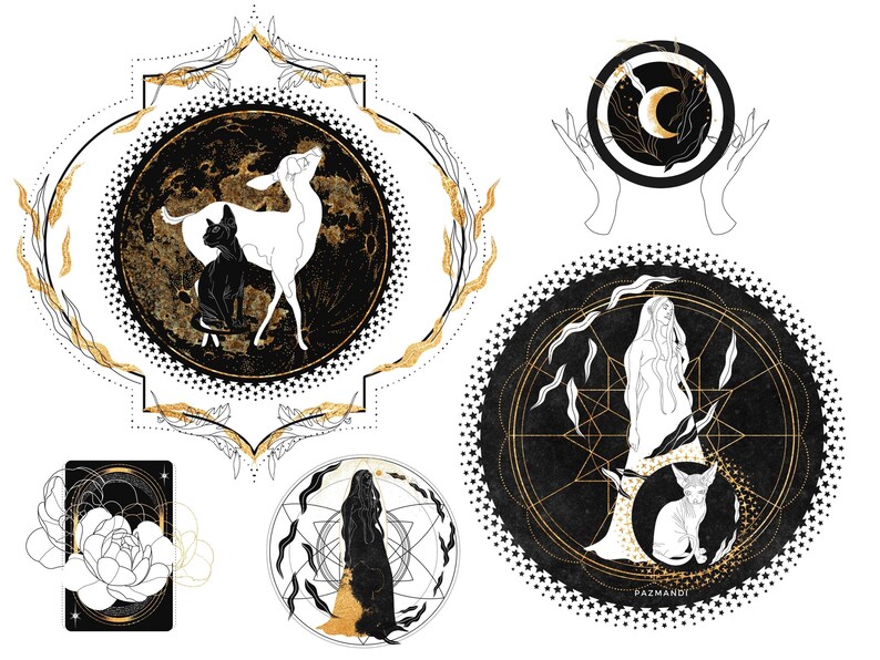 Puede incluir: Un conjunto de cinco ilustraciones en negro y dorado que representan un ciervo y un gato, una mujer con el pelo largo, una luna creciente y una flor. Las ilustraciones son de estilo minimalista con formas geom&eacute;tricas y una paleta de colores en blanco y negro.