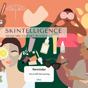 May include: A digital illustration of skincare products and people with skincare routines. The illustration includes a sun, a beach umbrella, a person with a face mask, a person with a face mask and a lemon slice over one eye, a person with a towel and a grapefruit over their eyes, a person with a towel and a bottle of lotion, and a phone notification that says "Reminder: Put on SPF this morning".