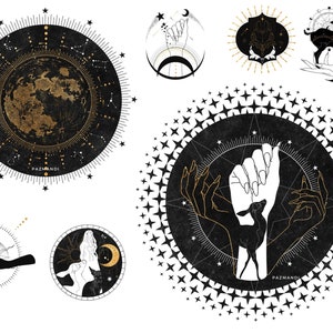Puede incluir: Ilustraciones en blanco y negro de cuerpos celestes, manos y un ciervo. Las ilustraciones est&aacute;n rodeadas de estrellas y formas geom&eacute;tricas. El texto "PAZMANDI" aparece en dos de las ilustraciones.