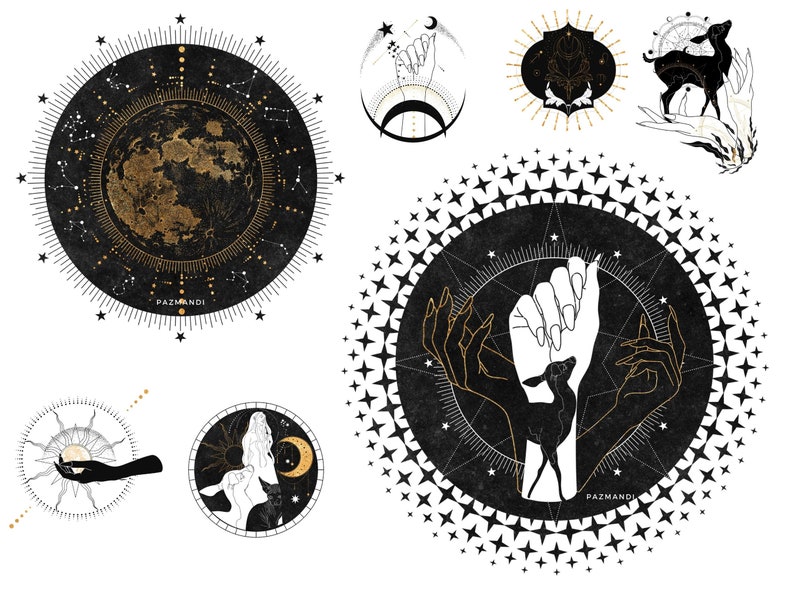 Puede incluir: Ilustraciones en blanco y negro de cuerpos celestes, manos y un ciervo. Las ilustraciones est&aacute;n rodeadas de estrellas y formas geom&eacute;tricas. El texto "PAZMANDI" aparece en dos de las ilustraciones.