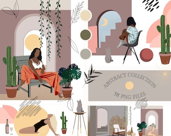 Boho Abstract elements, woman png, moodboard maker, architecture clipart, interior design elements