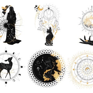 Puede incluir: Un conjunto de seis ilustraciones en negro y dorado con temas celestiales y m&iacute;sticos. Las ilustraciones incluyen una mujer con una luna creciente, un gato con una luna creciente, una mano con una luna llena, un ciervo con una luna creciente, un gato con una luna creciente y una br&uacute;jula con una luna creciente.