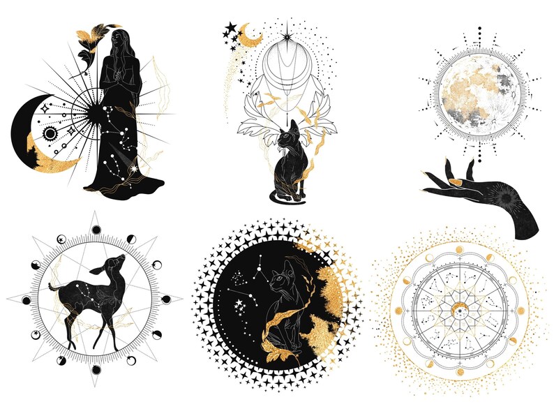 Puede incluir: Un conjunto de seis ilustraciones en negro y dorado con temas celestiales y m&iacute;sticos. Las ilustraciones incluyen una mujer con una luna creciente, un gato con una luna creciente, una mano con una luna llena, un ciervo con una luna creciente, un gato con una luna creciente y una br&uacute;jula con una luna creciente.