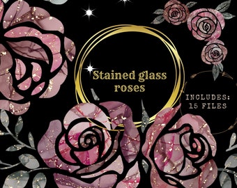 Rose clipart bundle, stained glass-alcohol ink png elements, commercial use