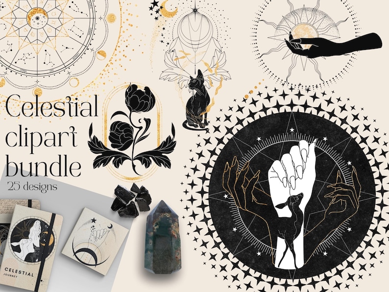 Puede incluir: Un conjunto de 25 dise&ntilde;os de clipart celestial con ilustraciones en blanco y negro de manos, estrellas, lunas y otros elementos celestiales. Los dise&ntilde;os son perfectos para agregar un toque de magia a tus proyectos.