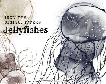 Jellyfish png files, nautical digital papers, alcohol ink stationery papers