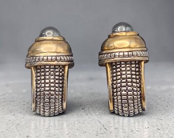 Rustic aged silver and gold tone gunmetal gray cabochon clip on earrings ear clips .6 x 1.25  inch