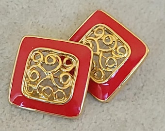 Gold tone with red enamel pierced post earrings 1 x 1 inch