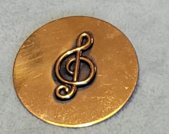Vintage copper circle stamped treble clef music note brooch pin 1.75 inch