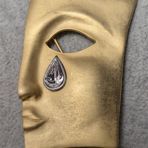 Mod gold tone half face mask rhinestone tear drop  brooch pin 1.5 x 2 inch