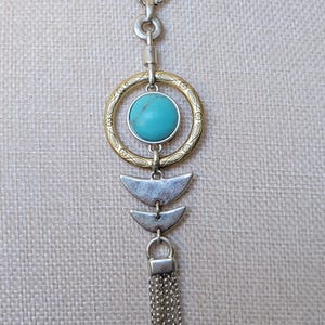 Lucky brand reversible silver tone pendant necklace faux turquoise pearl fringe SW flair up to 30 inch