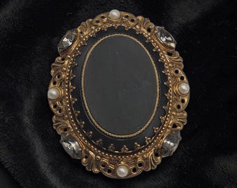 West Germany gold tone filigree jet black glass faux pearls gray marquis faceted glass stones oval pin brooch 1.75 x 2.25 inch
