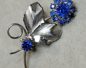 Silver tone with royal blue rhinestones flower floral pin brooch 1 x 2 inch