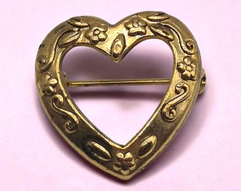 Gold tone embossed floral open center heart pin brooch small .9 x .9 inch