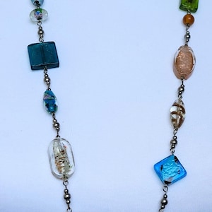 32 inch Premier Designs silver tone multi color Czech glass beads boho artsy necklace