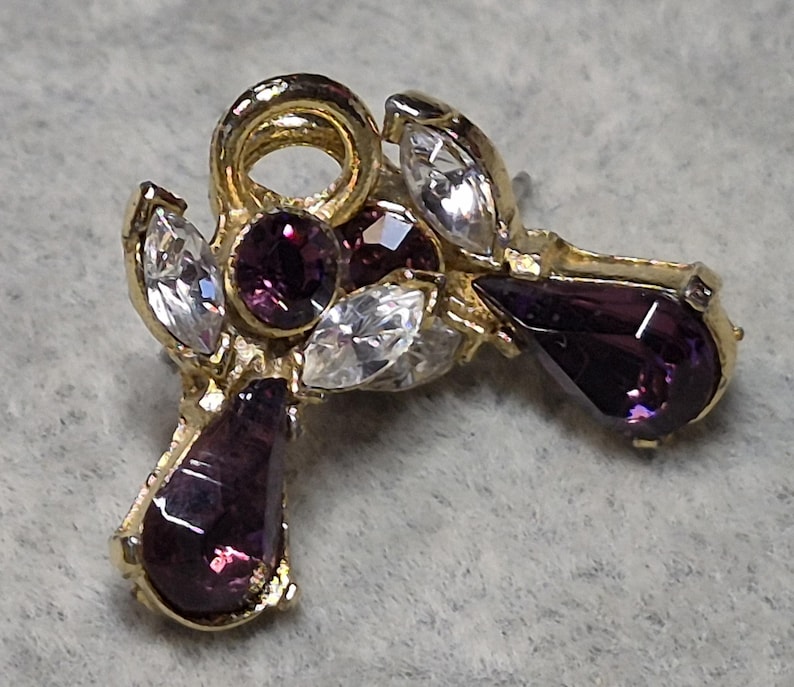 Gold tone Austrian crystal clear purple angel pierced post earrings .5 x .75 inch image 2