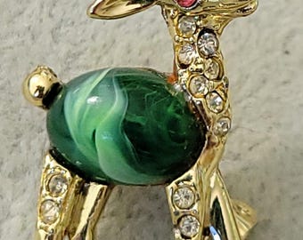 Vintage gold tone rhinestone swirly stone belly cabochon tiny deer pin brooch 1.25 x .75 inch