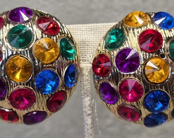 1980s large domed gold tone multi color rivoli rhinestones clip on earrings ear clips  1.6 inch circle