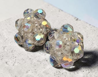 Vintage silver tone aurora borealis cluster bead domed clip on earrings 1 inch