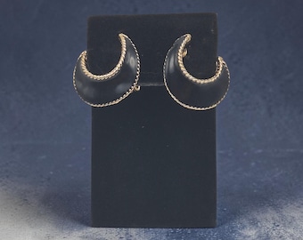 Gold tone with black enamel clip on earrings ear clips 1 x 1.1 inch