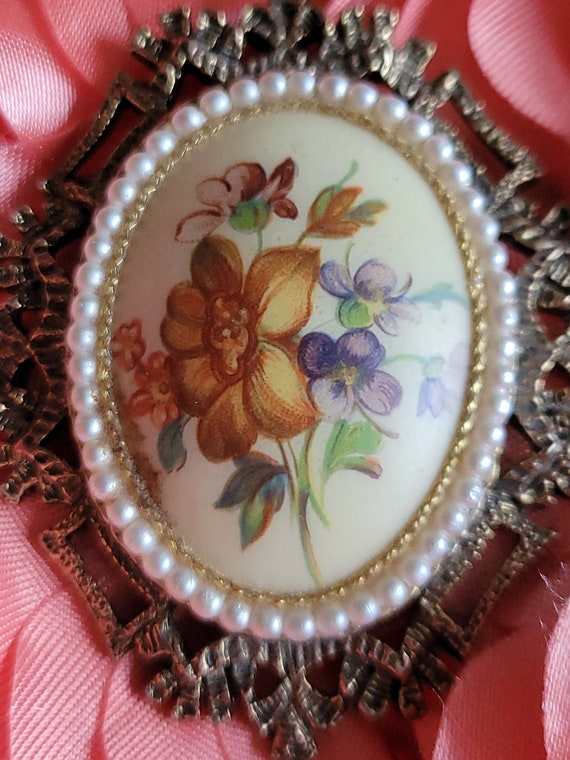 1977 vintage hand signed cabochon floral painted … - image 2