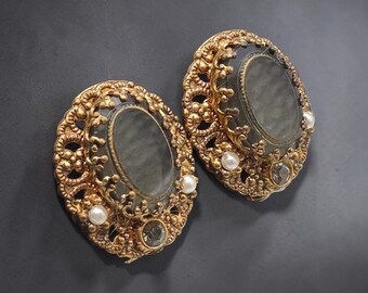 Western Germany brass filigree gray glass imitation pearl gray rhinestone clip on earrings ear clips .9 x 1 inch