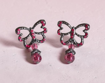 AVON gunmetal gray dark pink rhinestone butterfly i pierced post earrings .75 x 1.1 inch
