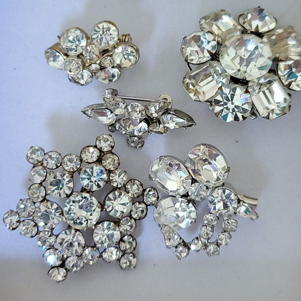 Lot of 5 icy clear rhinestone brooches pins vintage