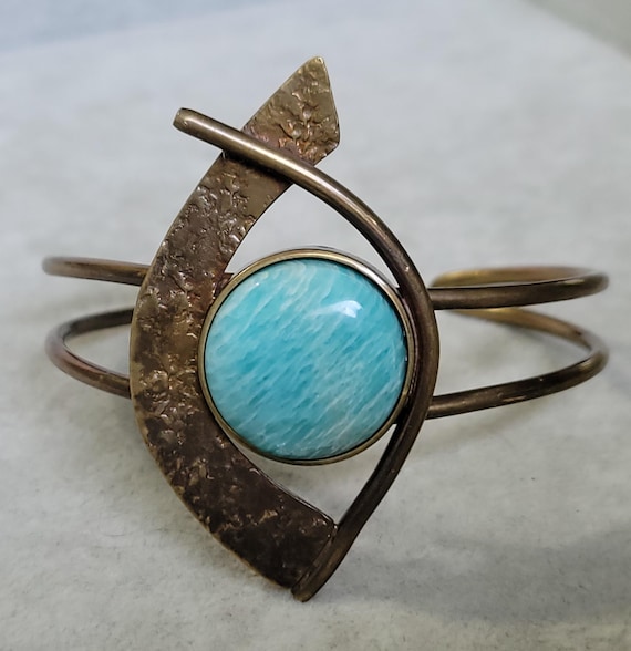 Hammered bronze amazonite cuff statement bracelet… - image 3