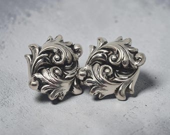 Blackened silver tone clip on earrings ear clips 1.1 x 1.25 inch