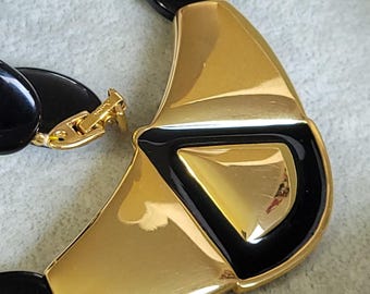 Vtg 80s  17 inch Napier black oval disk beads black gold tone center piece statement necklace signed
