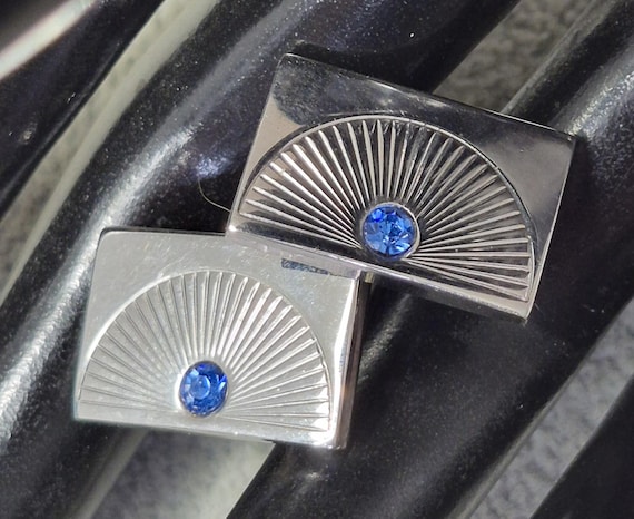 Silver tone blue stone rectangular fan cufflinks - image 1