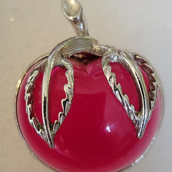 Vintage signed Sarah Coventry silver tone jelly belly lucite apple pin brooch "red" looks hot pink