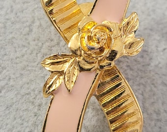 Vintage Avon Breast cancer awareness ribbon gold tone pink enamel lapel hat tie pin .75 x 2 inch