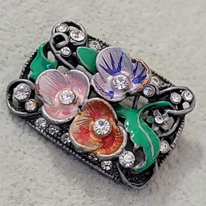 Vintage pewter  enamel rhinestone flower floral brooch pin 1 x 1.5 inch
